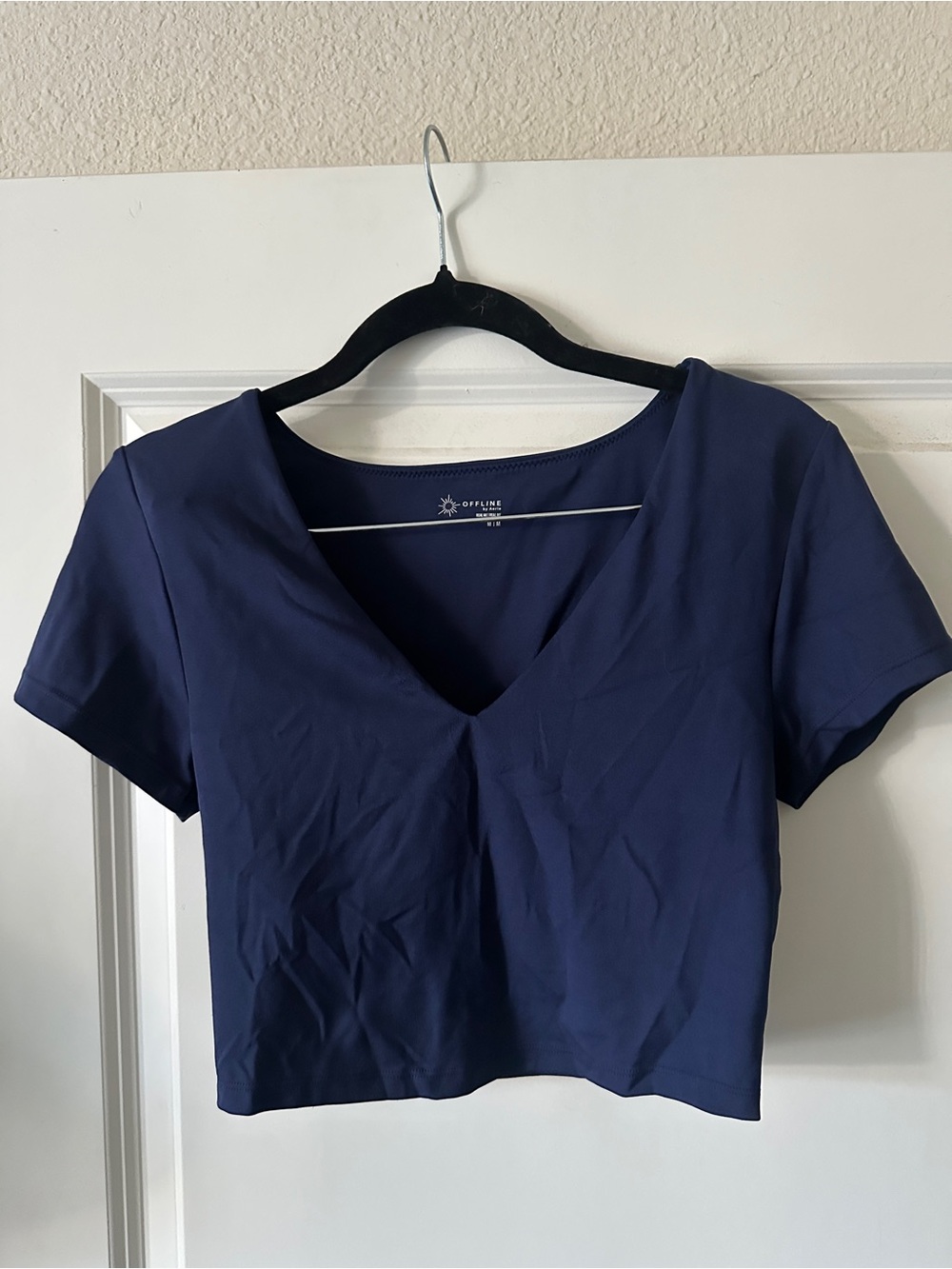 aerie offline Navy V-Neck Short Sleeve Crop Top